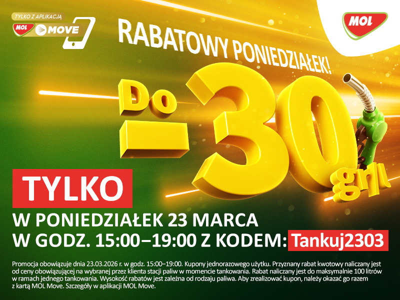 Stacje MOL rabat -30gr/L paliwa PB95/ON/LPG (w godz. 15:00-19:00)