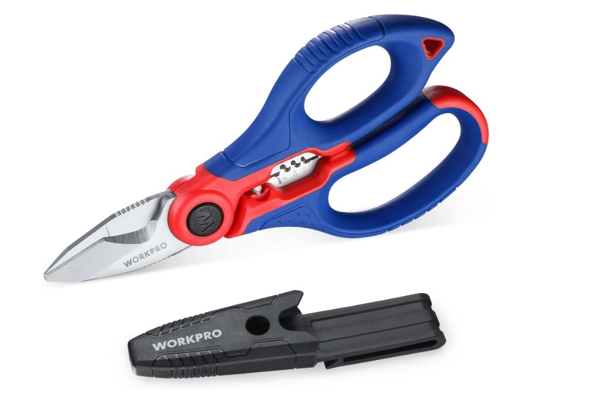 WORKPRO Nożyczki dla elektryków ze ściągaczem izolacji, 163 mm, wielofunkcyjne nożyce dla elektryków ze stali nierdzewnej z osłoną i zaczepem na pasek