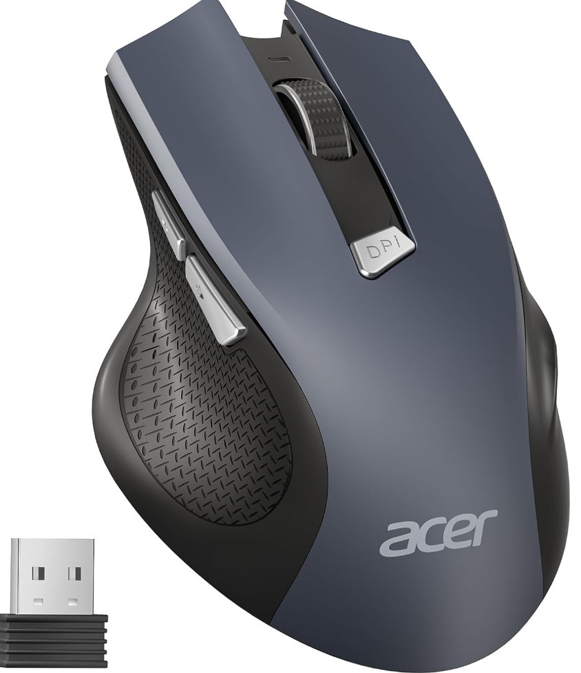Acer Mysz Bezprzewodowa, 3 Poziomy DPI, Ergonomiczna Mysz Komputerowa 2,4 GHz z Odbiornikiem USB, 6 Przycisków, Śledzenie Optyczne, Wskaźnik Baterii