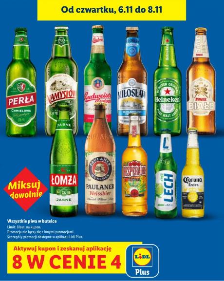 LIDL - Wszystkie piwa w butelkach 8 w cenie 4 (6-8.11)