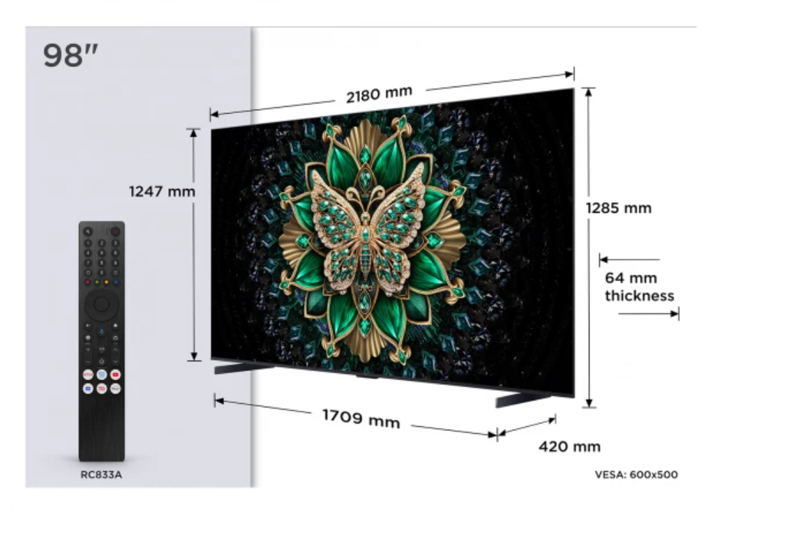 Telewizor TCL 98C6K Neo QD-Mini LED 98" 4K Ultra HD 144Hz Google TV Dolby Atmos Metaliczny