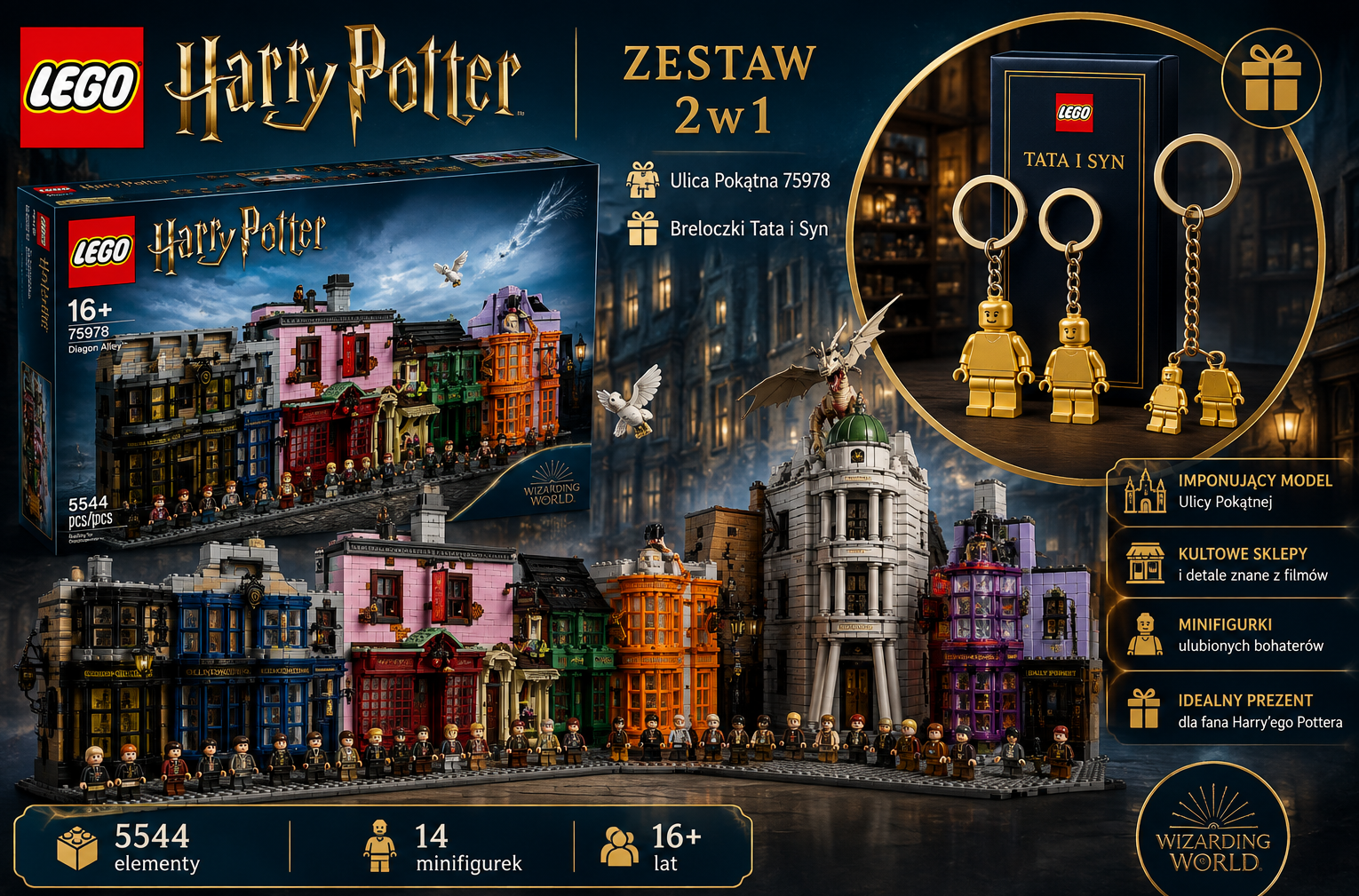 LEGO Harry Potter 75978 - Ulica Pokątna + LEGO Zestaw breloków - Tata i Syn
