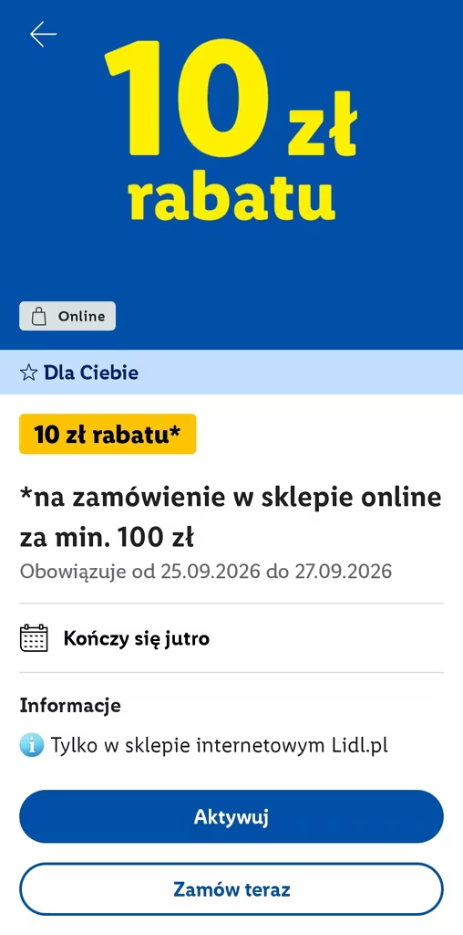 Lidl- 10zł rabatu na zamówienie w sklepie online przy zakupach za min. 100zł (aplikacja LIDL PLUS)