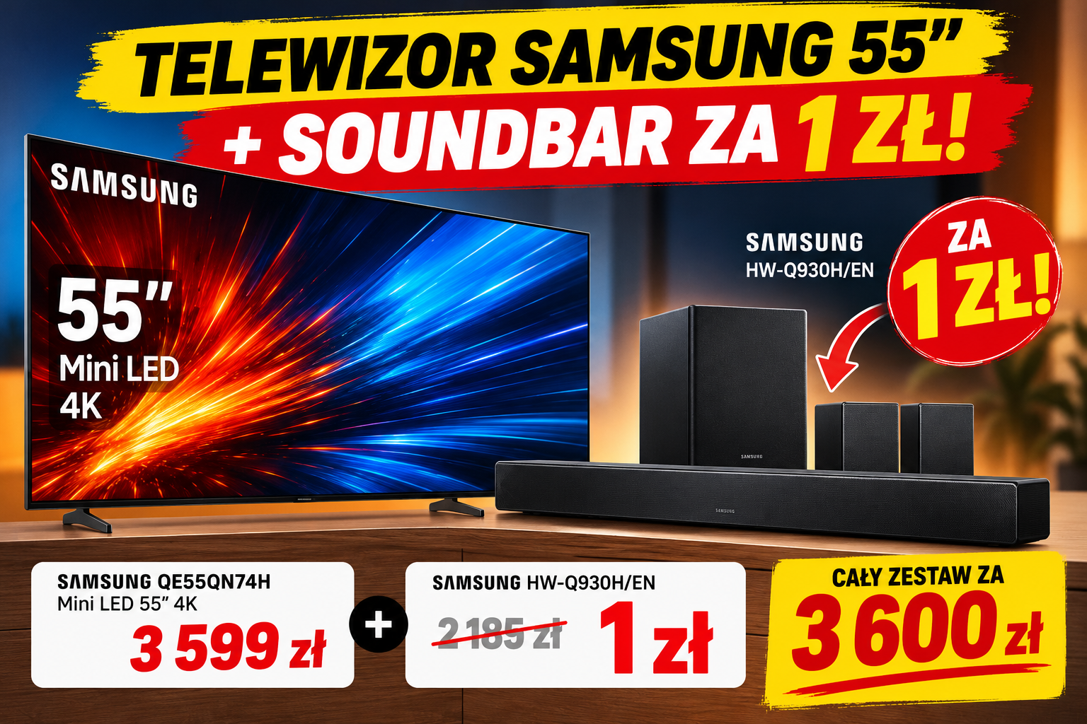 Samsung Mini LED 55” QE55QN74H + soundbar HW-Q930H za 1 zł!