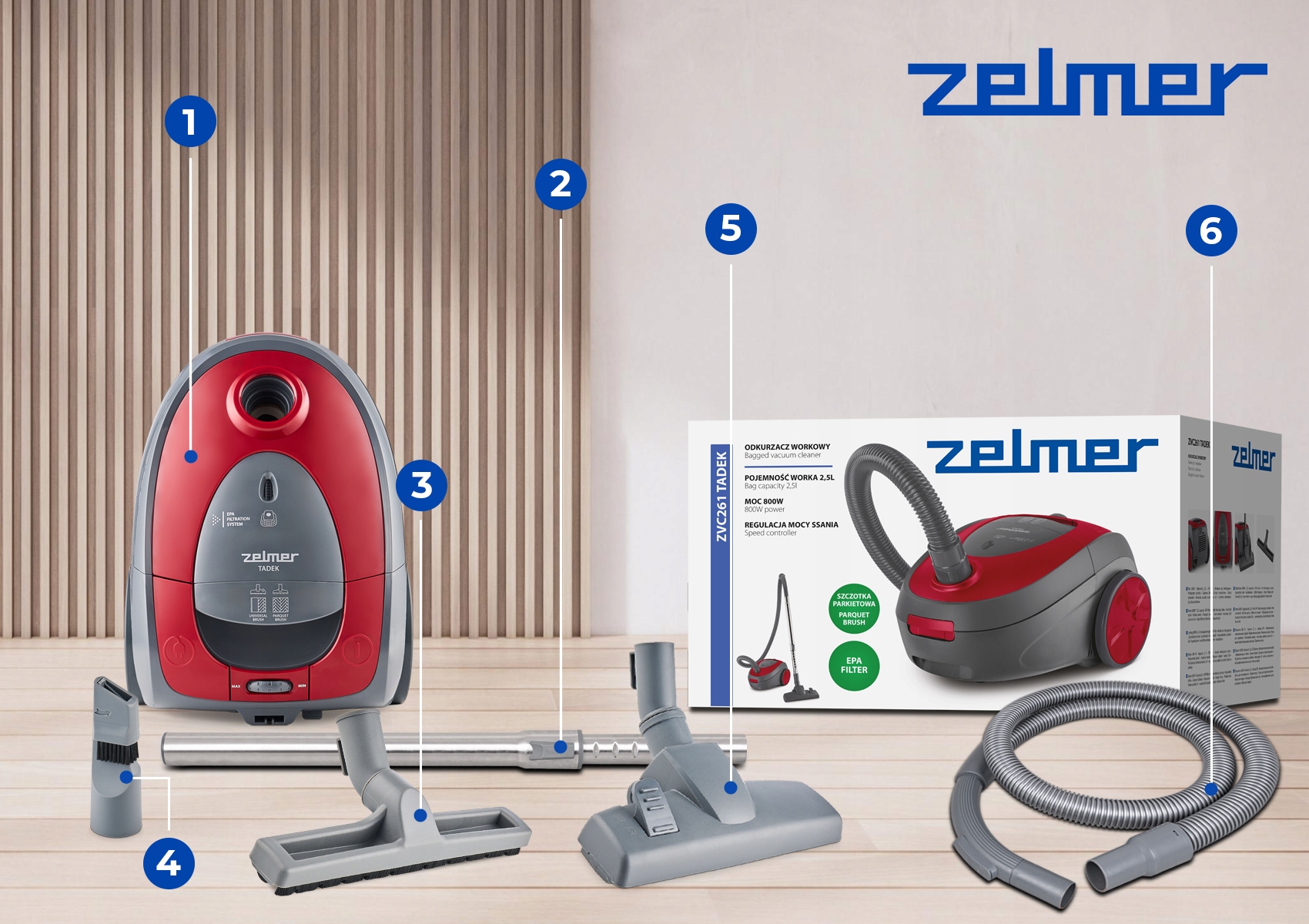 ODKURZACZ WORKOWY ZELMER TADEK TRADYCYJNY Z FILTREM EPA + KOŃCÓWKI ECO 800W