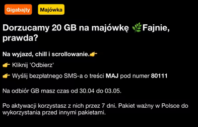 Darmowe 20GB od ORANGE na majówkę (30.04-03.05) na 7 dni