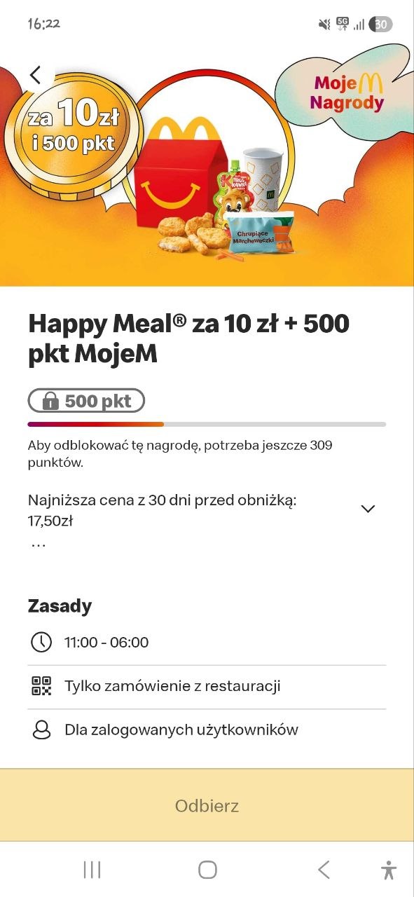 [McDonald's] Zestaw Happy Meal za 10 zł + 500 punktów