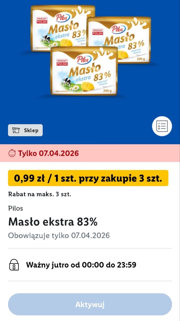 [Lidl] Masło 83% 200 g / opak. cena przy zakupie 3