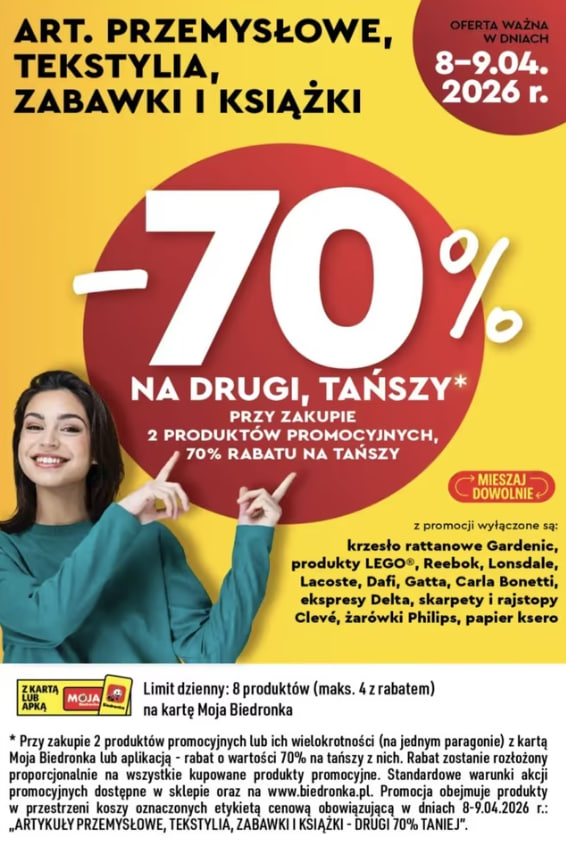 Artykuły przemysłowe, zabawki, tekstylia i książki - 70% taniej na drugi produkt
