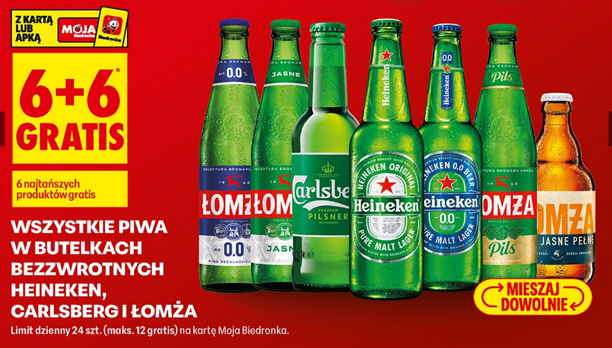 Wszystkie piwa w butelkach bezzwrotnych HEINEKEN, ŁOMŻA, CARLSBERG (6+6 GRATiS)
