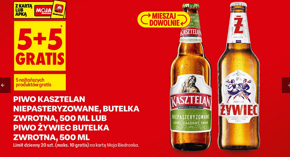 Piwo Kasztelan niepasteryzowane lub piwo Żywiec - but.zwr. (5+5 GRATiS)