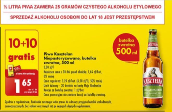 Promocja na Piwo Kasztelan Niepasteryzowane w butelce 10+10 gratis (cena za 1 przy zakupie 20 szt.)