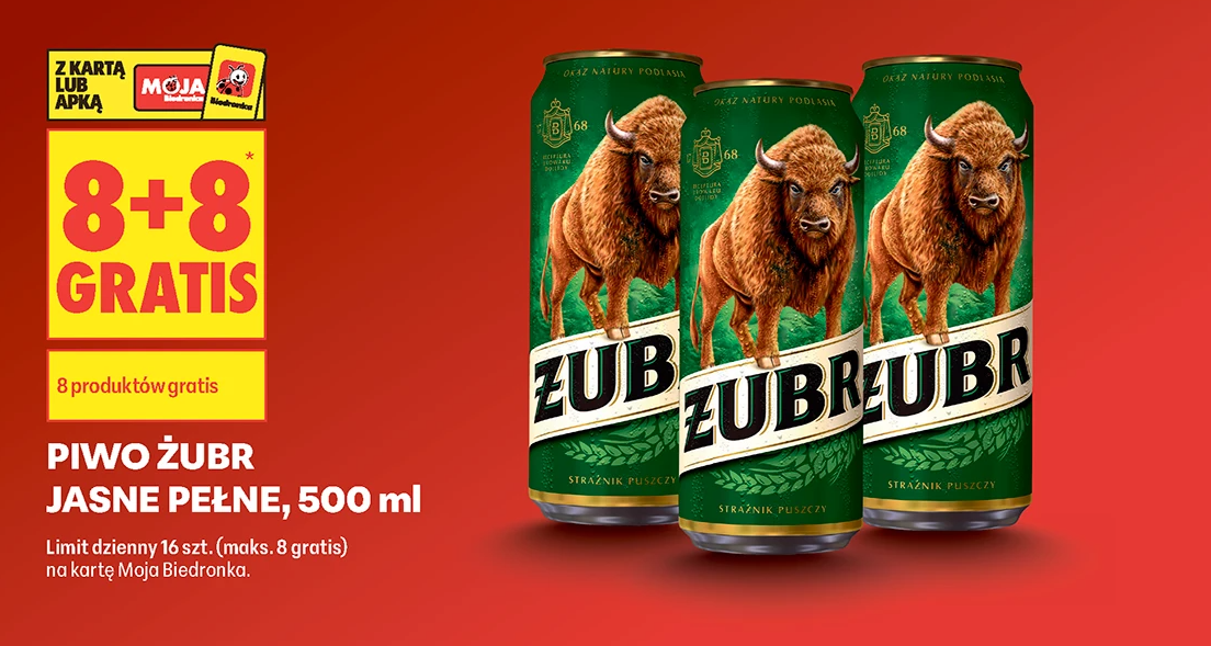 Piwo Żubr w Biedronce 8+8 gratis