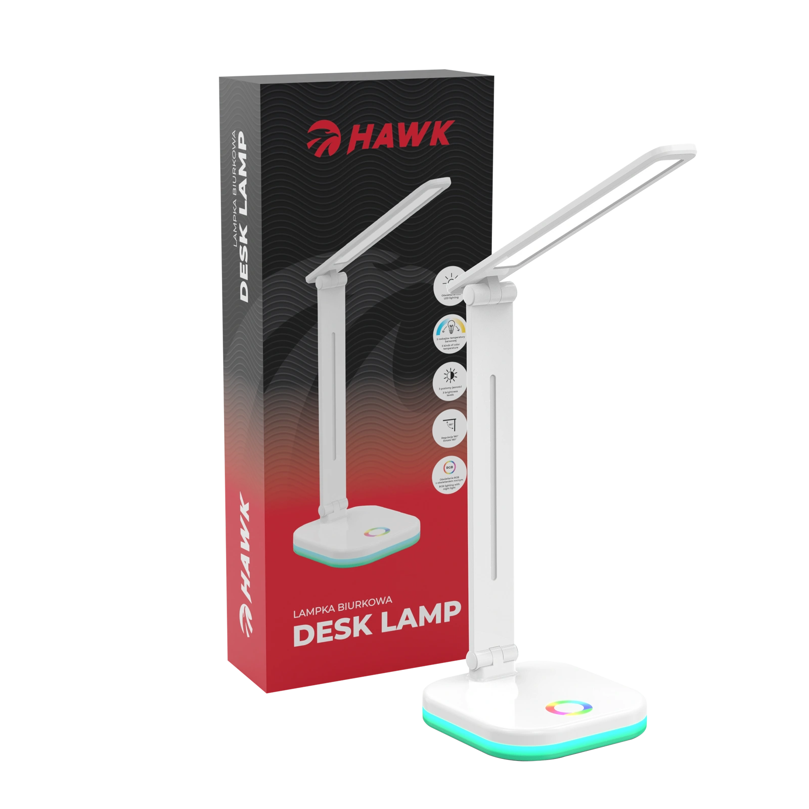 Lampka biurkowa HAWK HWDL001WH z podświetleniem RGB regulacją jasności i zmienną barwą światła
