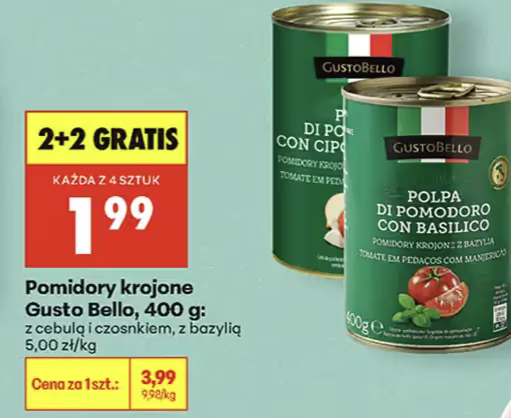 Pomidory krojone Gusto Bello, 400g (z cebula i czosnkiem, z bazylią) 2+2 GRATIS