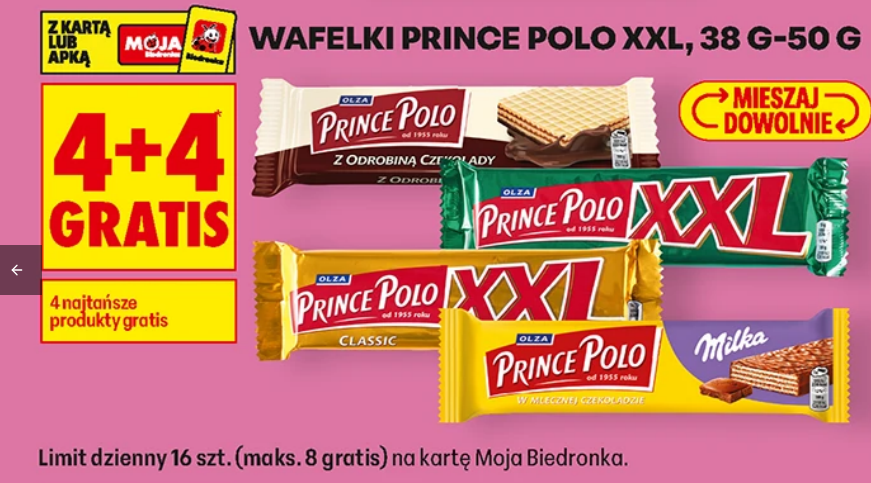 Wafelki Prince Polo XXL, 38-50g (4+4 GRATiS)