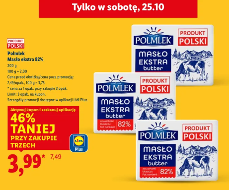 Masło ekstra Polmlek 82% przy zakupie 3 sztuk w Lidlu