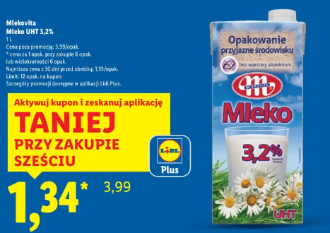Mleko UHT Mlekovita 3,2% przy zakupie 6 sztuk