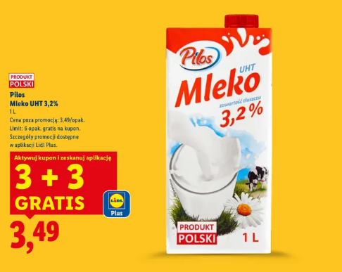 Mleko UHT Pilos 3,2% promocja 3+3 gratis @Lidl