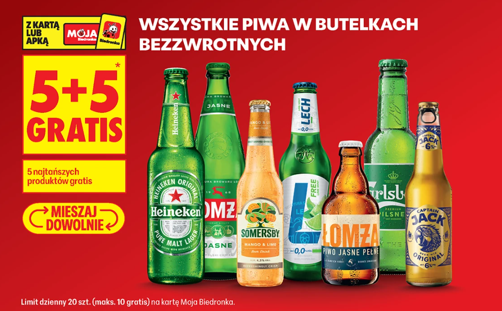 Promocja 5+5 gratis na wszystkie piwa w butelkach bezzwrotnych w Biedronce w piątek i sobotę