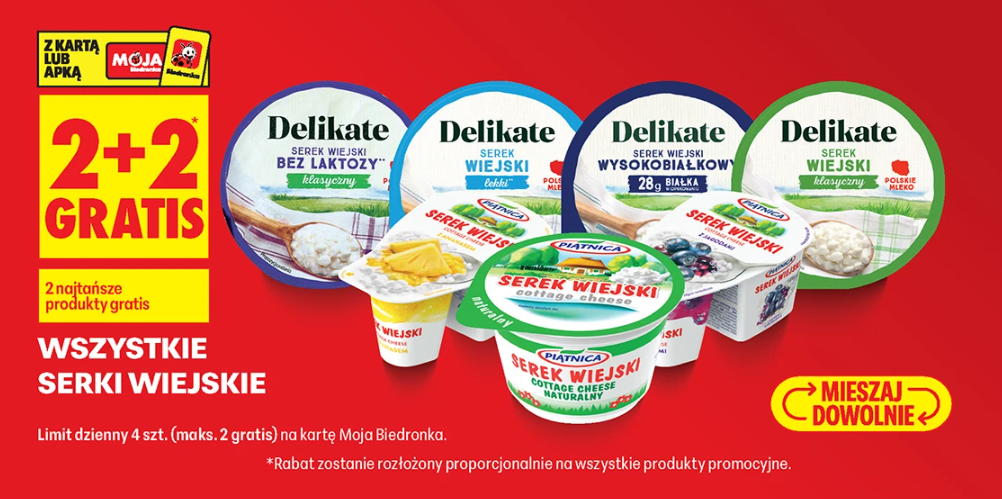 Promocja na wszystkie Serki wiejskie w Biedronce 2+2 gratis