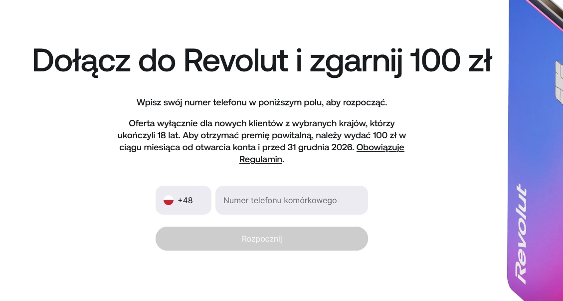 Za zalożenie konta 100 PLN od REVOLUT