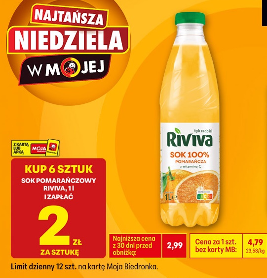 Sok pomarańczowy 100% Riviva, 1 L (przy zakupie 6 sztuk)