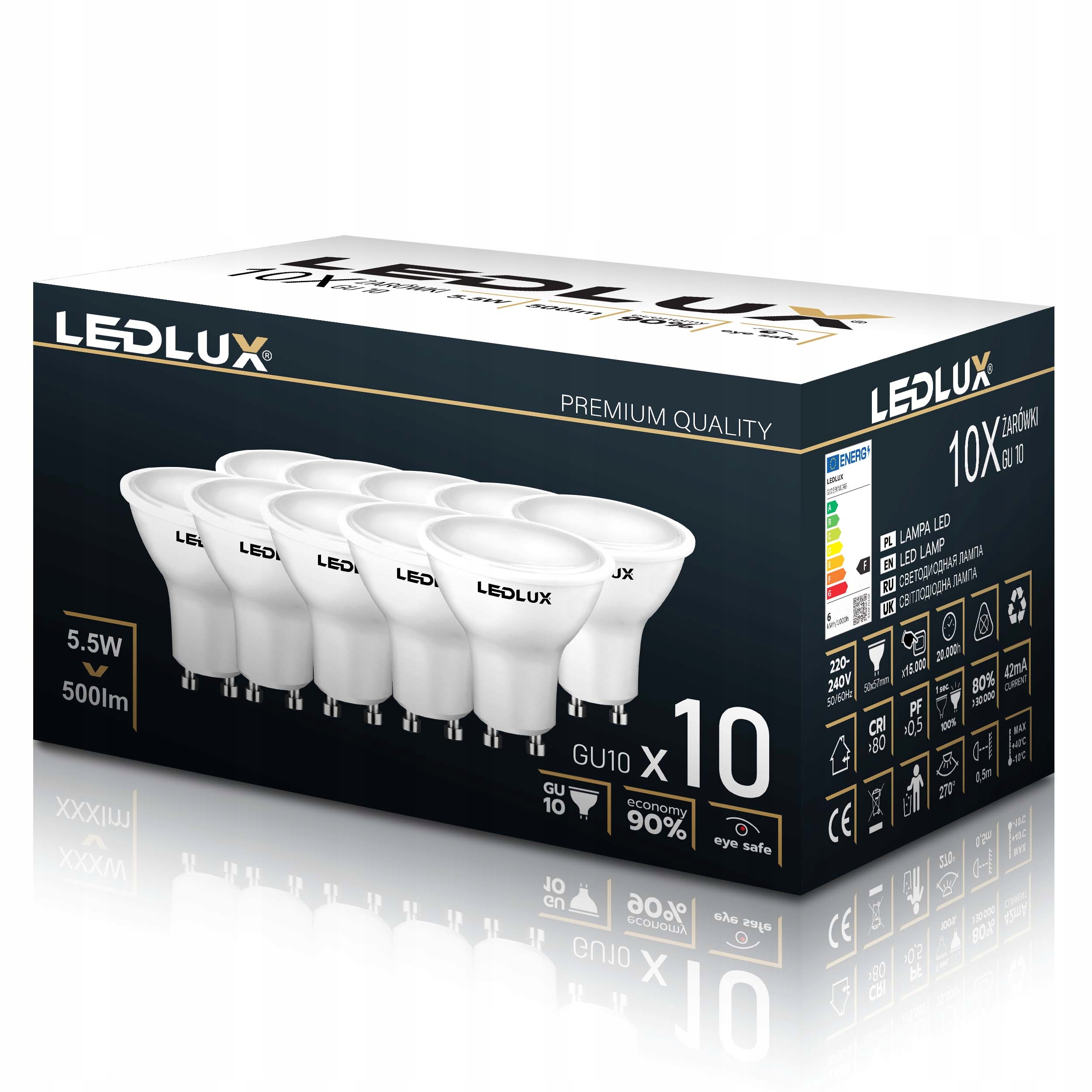 Żarówka LED 10x  GU10 5,5W =50W SMD 4000K neutralna Premium LEDLUX nie mruga