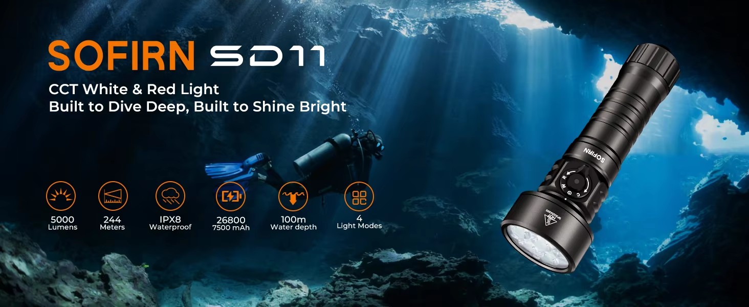 *Premiera* Latarka nurkowa Sofirn SD11 5000lm 224m + akumulator 7500mAh (światło białe 3000K/5000K/6500K i czerwone 150lm 660nm)