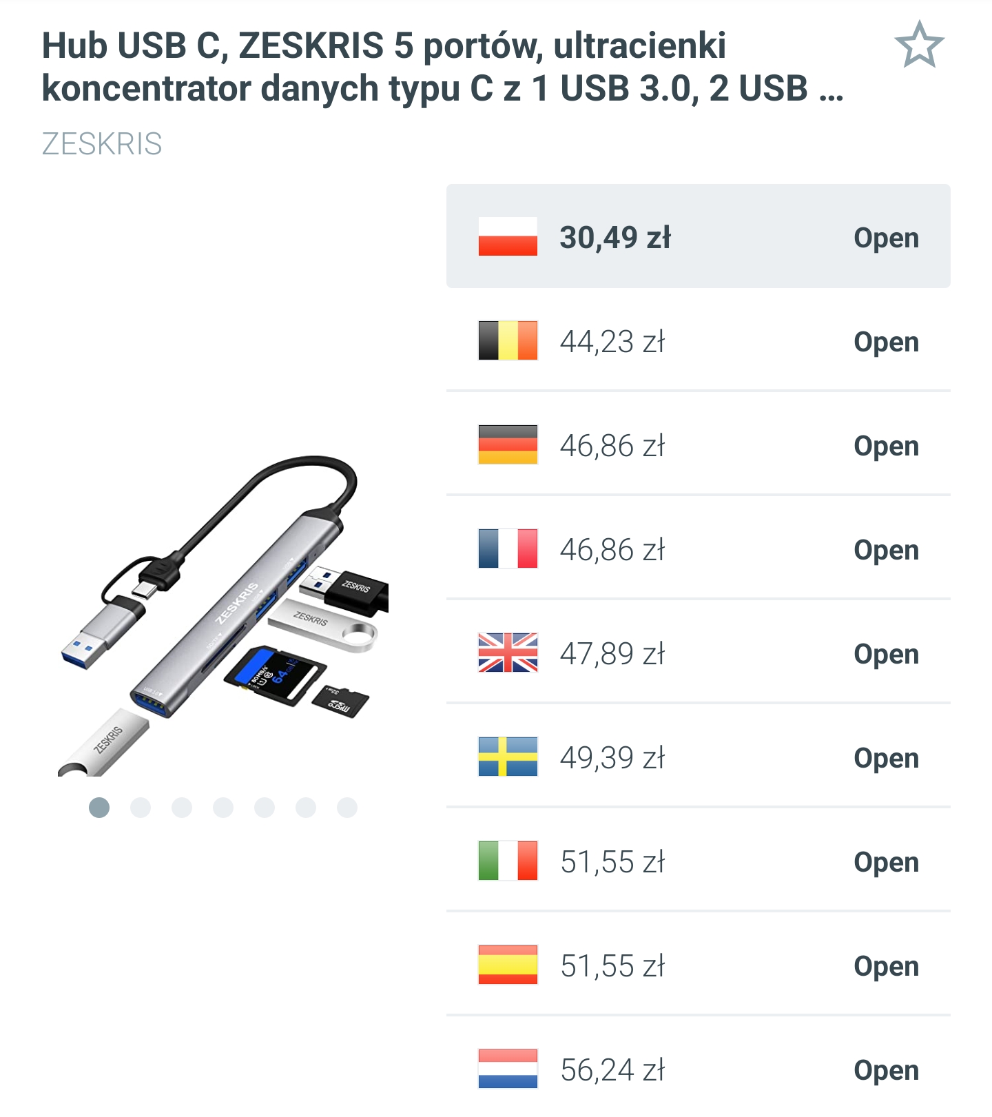 Hub Zeskris - USB C, USB 3.0, TF/SD/MicroSD