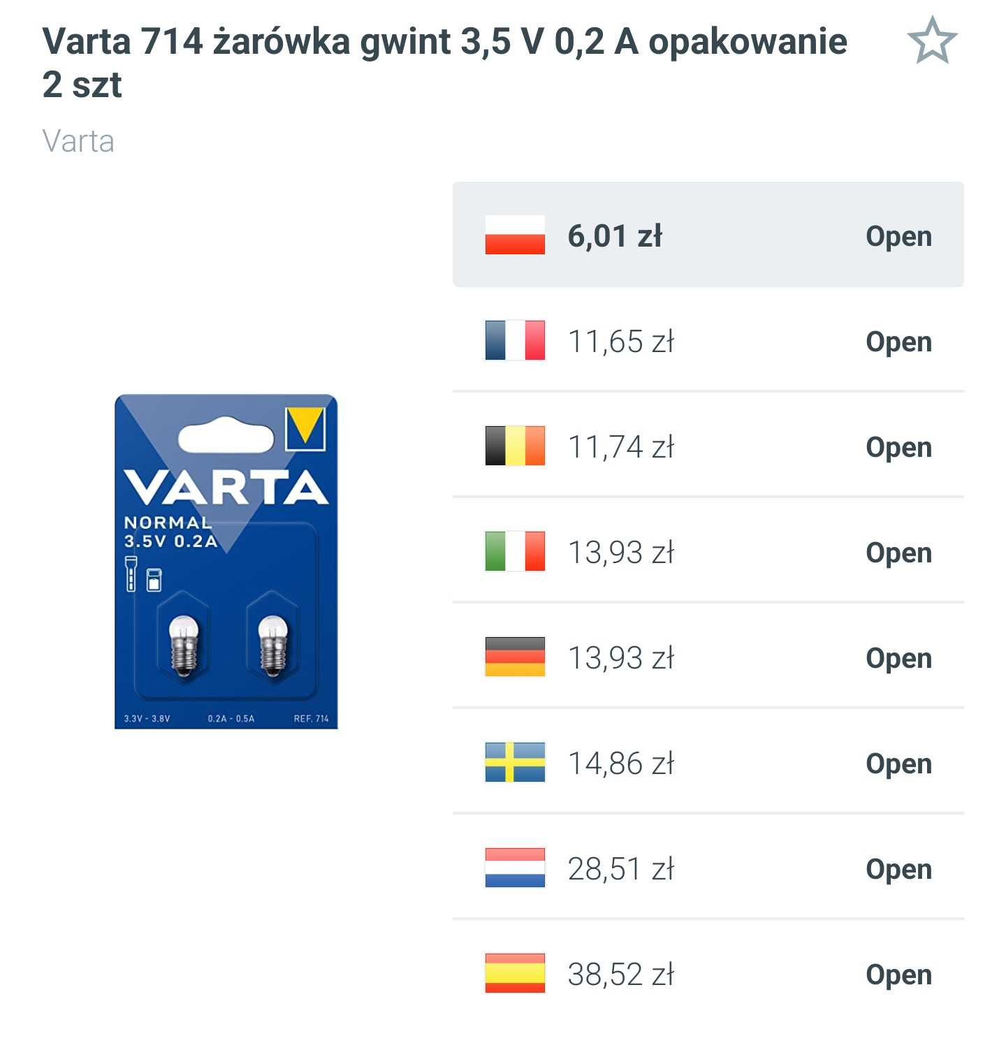 VARTA - 2 żarówki do latarek - 3,5V - 0,2A - E10
