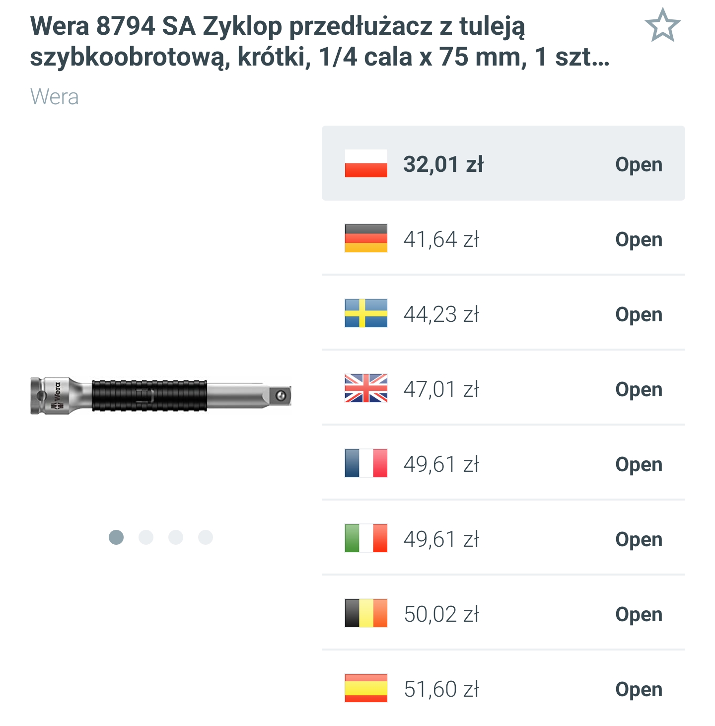 Wera 8794 SA Zyklop przedłużacz z tuleją szybkoobrotową, krótki, 1/4 cala x 75 mm