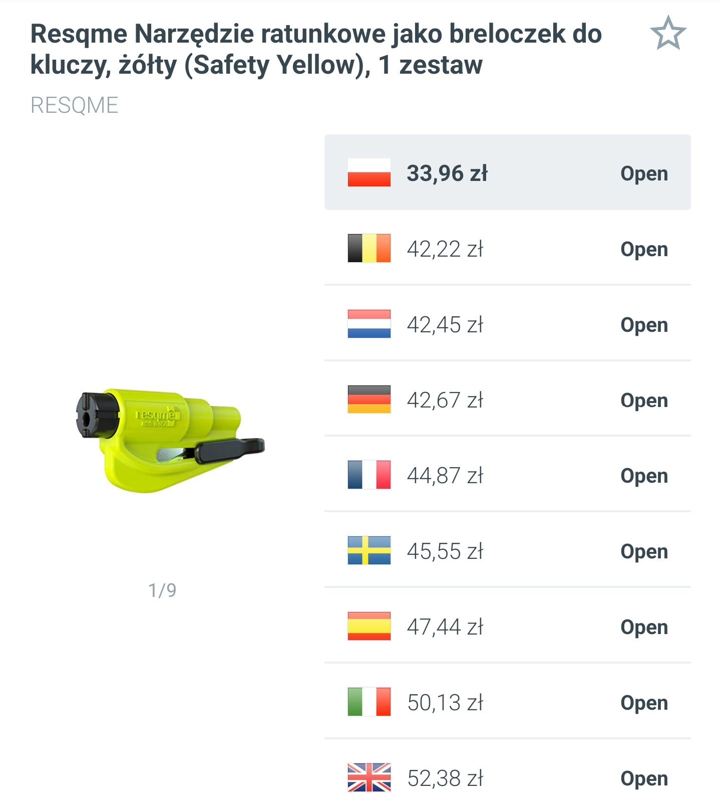Resqme - narzędzie ratunkowe do wybijania szyb i przecinania pasów bezpieczeństwa w formie breloczka do kluczy, zółty