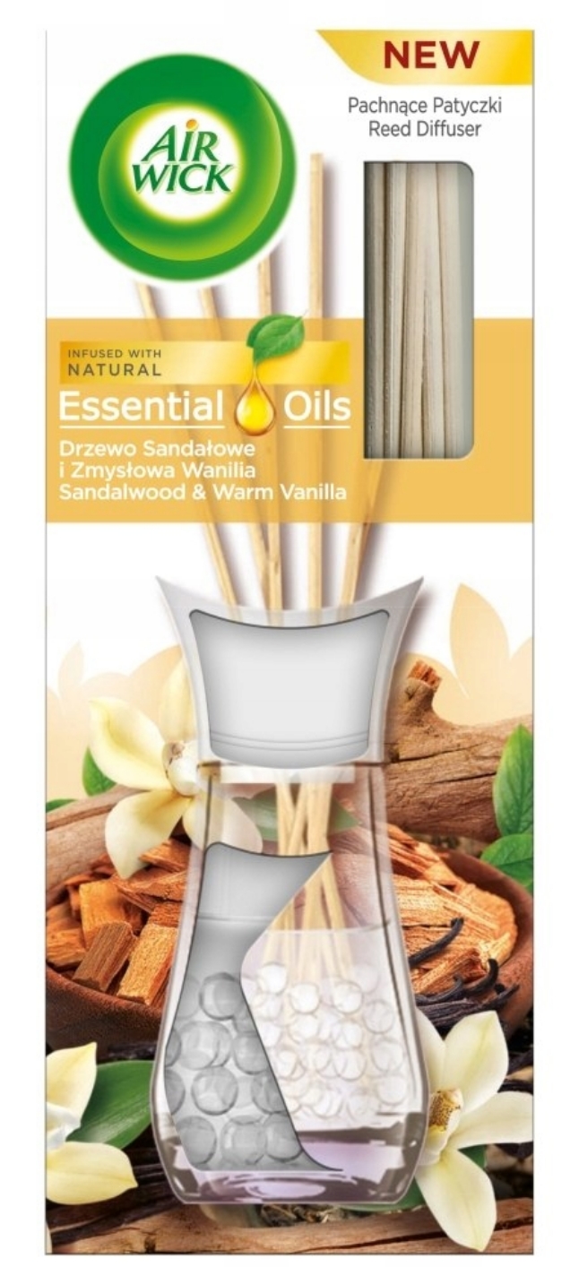 [Zbiorcza] Patyczki zapachowe Air Wick Essential Oils - drzewo sandałowe z wanilią, orientalne przyprawy z pomarańczą, 30ml