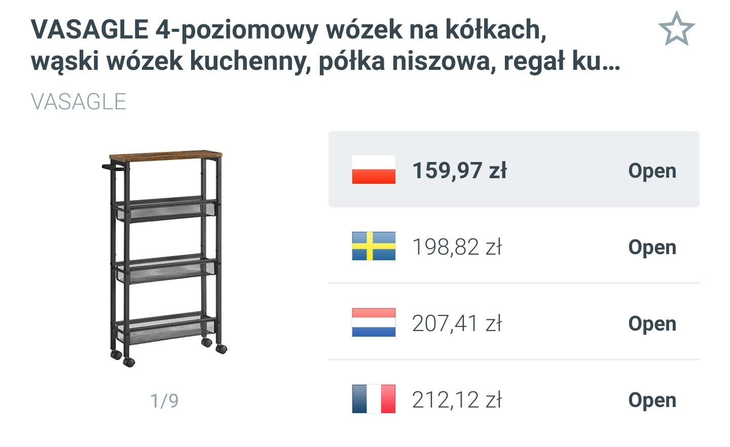 VASAGLE 4-poziomowy wózek na kółkach, wąski regał kuchenny, stalowa rama, uchwyt - vintage, brązowo-czarny