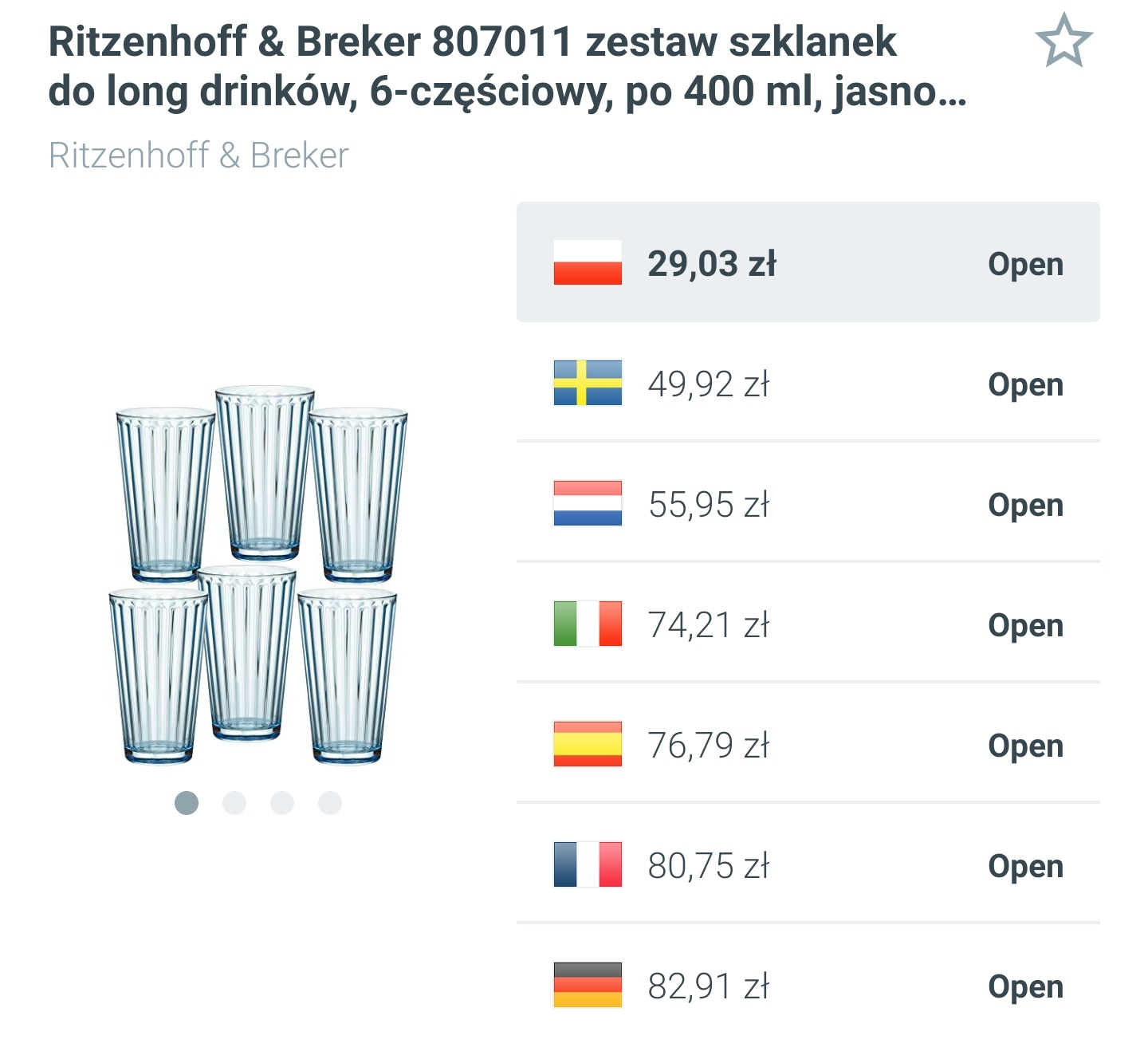 Ritzenhoff & Breker - zestaw 6 szklanek long - szkło, 400 ml, jasnoniebieski