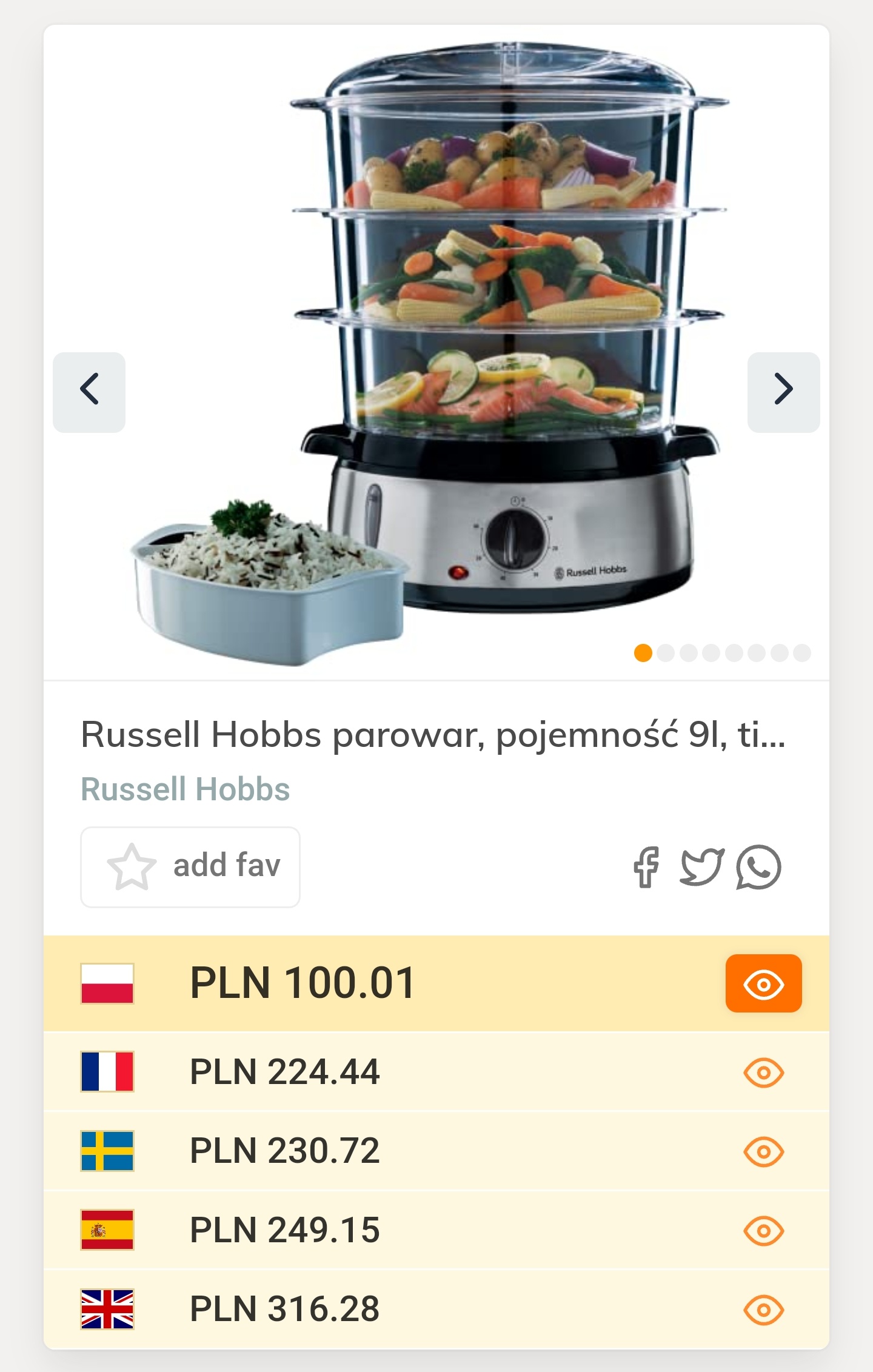 Russell Hobbs - parowar z 3 pojemnikami - 9l, stal nierdzewna, 800W