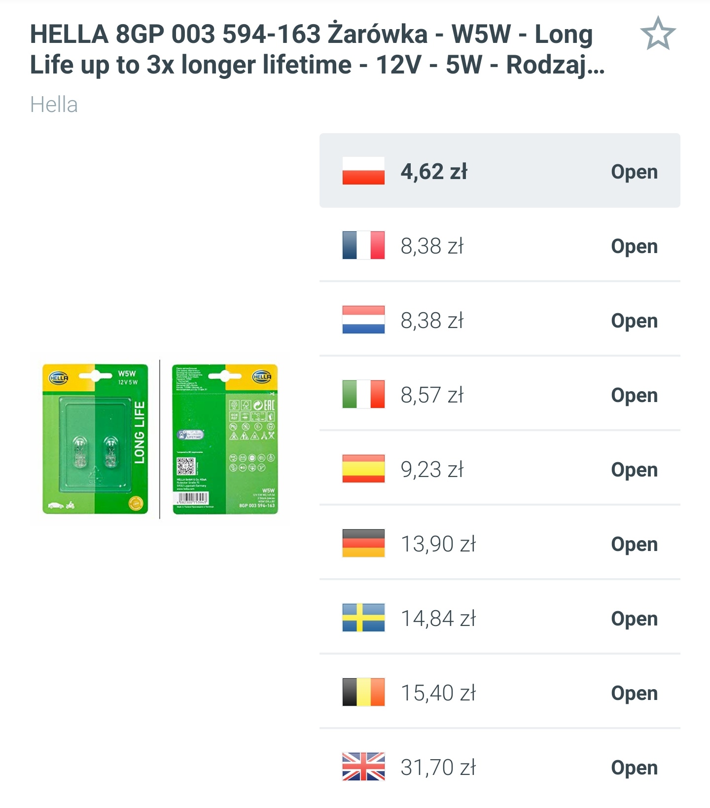 Żarówki samochodowe lub motocyklowe HELLA W5W, 12V - 2 sztuki