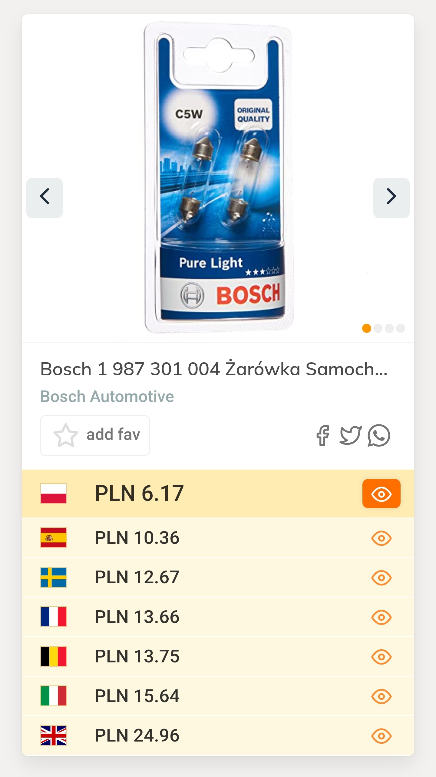 Żarówki samochodowe Bosch Pure Light C5W1, 12V - 2 sztuki