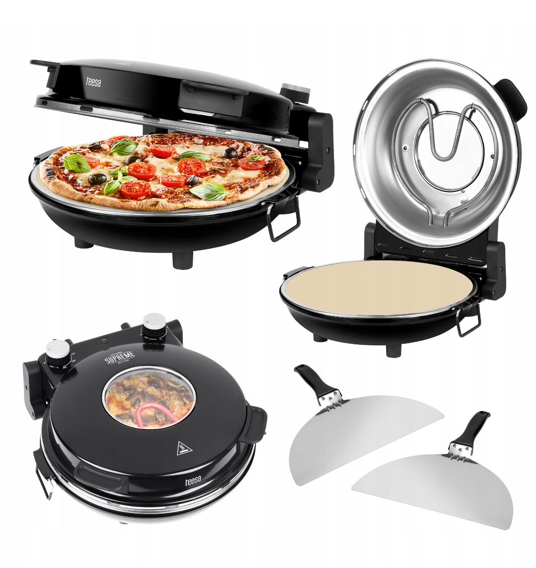 Piec do pizzy Teesa 400°C 1200W kamień okienko 2 łopatki