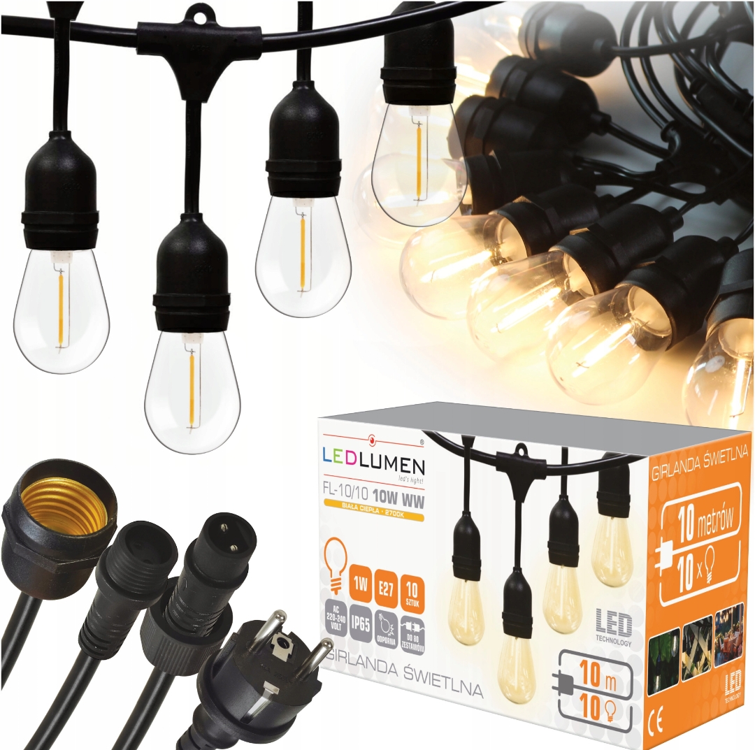 Girlanda Świetlna Ogrodowa 10m 10x Żarówki LED Zewnętrzna Lampki Ogrodowe