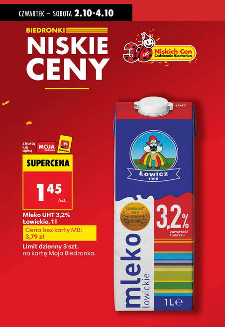 Mleko UHT Łowickie 3,2% 1l - 1.45zł/szt - Biedronka