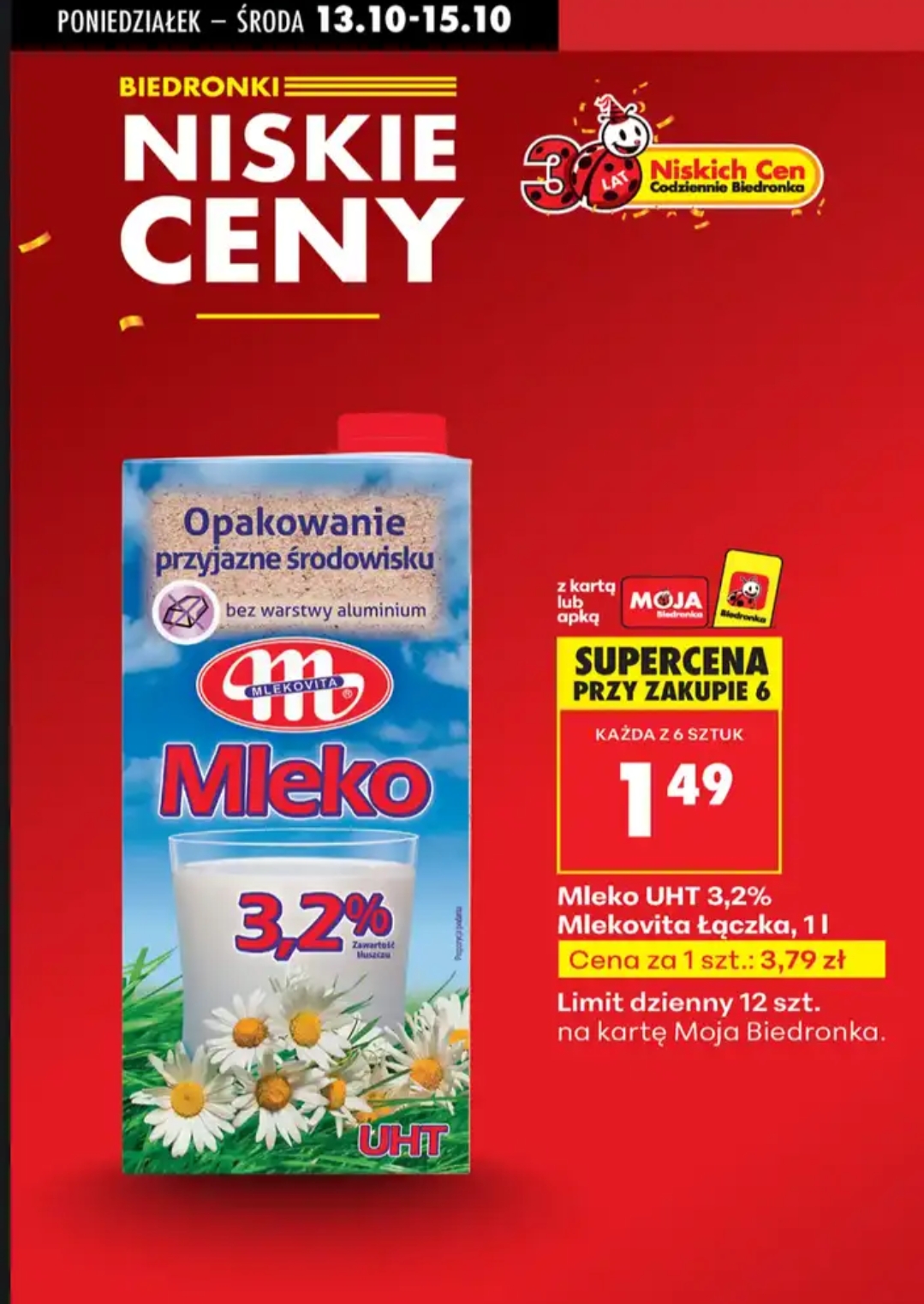Mleko UHT Mlekovita przy zakupie 6szt - cena za sztuke - BIEDRONKA