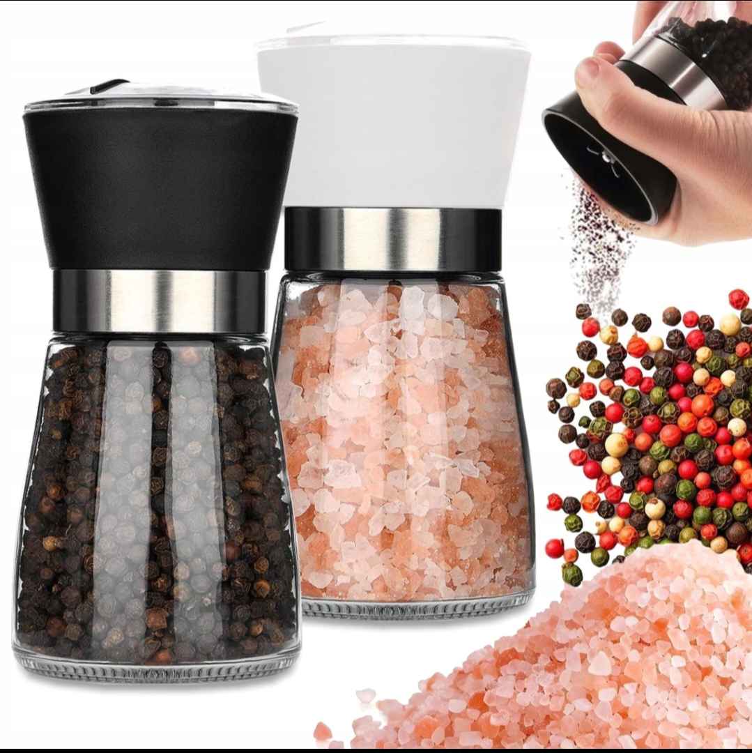 MŁYNEK DO PIEPRZU I SOLI PRZYPRAW Z REGULACJĄ SZKŁO ZESTAW MŁYNKÓW 2 szt