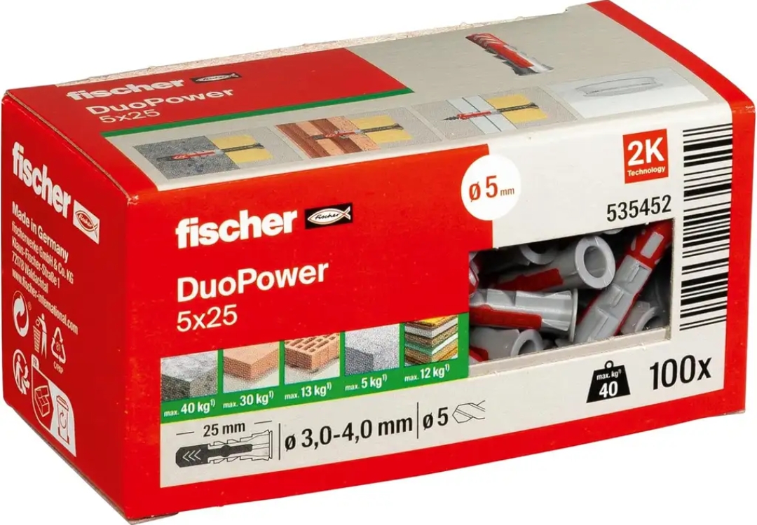 Fischer 535452 Duopower, Uniwersalne Kołki 2-Komponentowe, 5x25, 100 sztuk