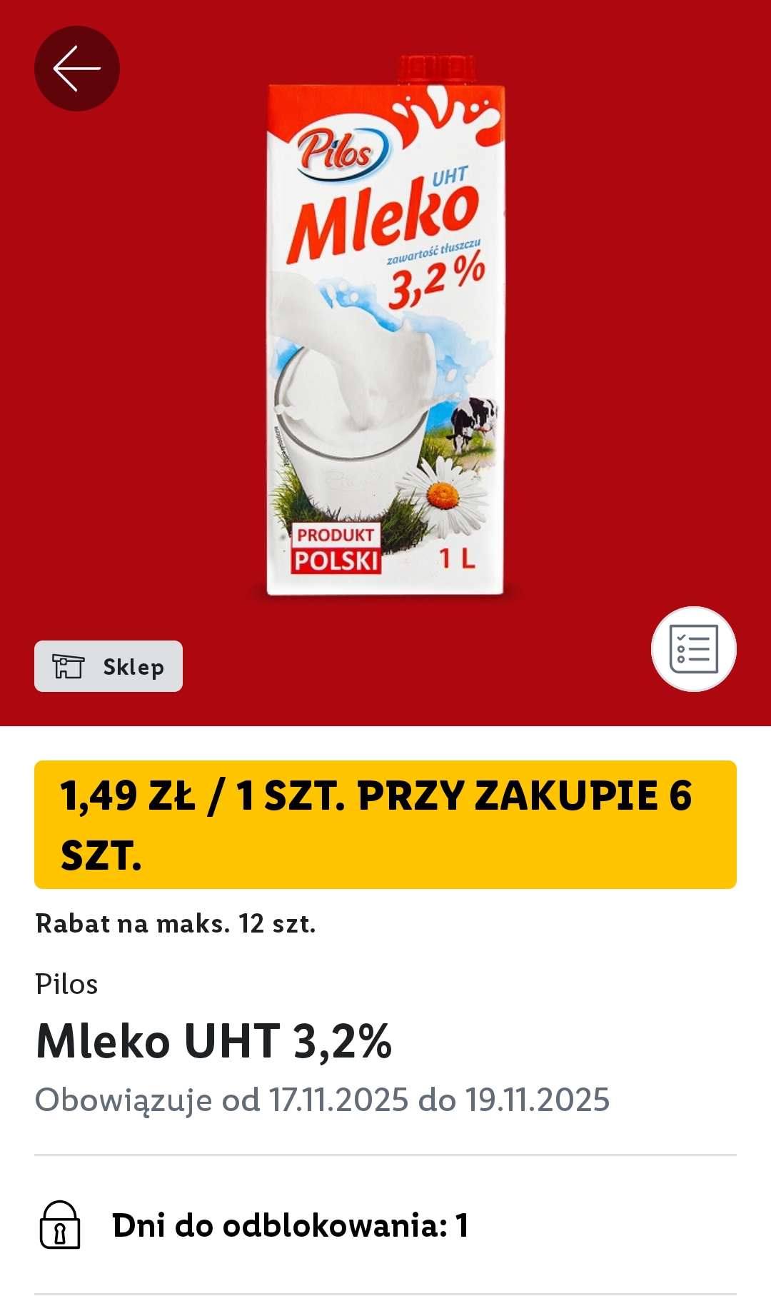 Mleko UHT 3,2% 1 l / opak. cena przy zakupie 6 opak. @Lidl
