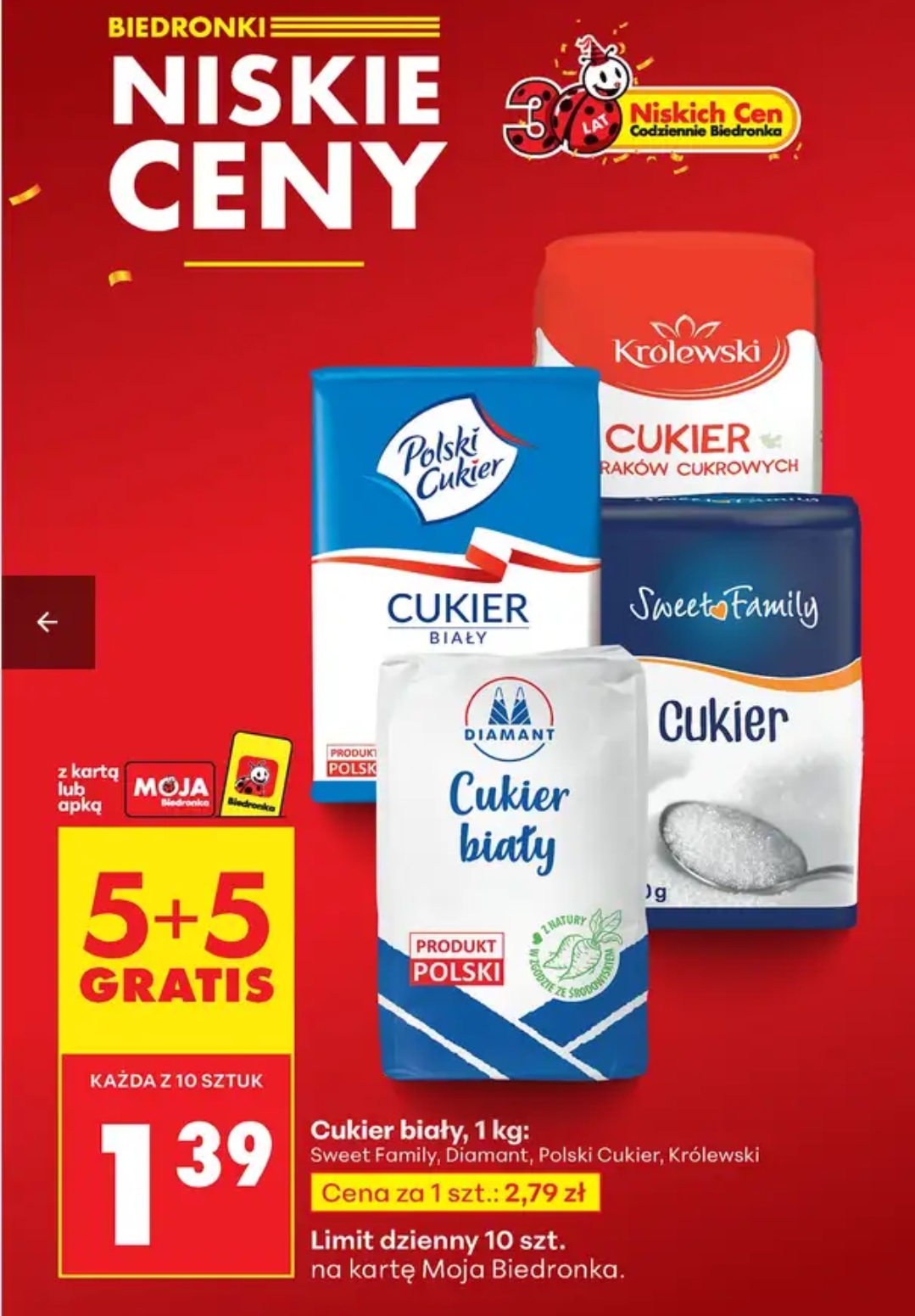 Cukier biały kg / opak. cena przy zakupie 10 opak. @Biedronka