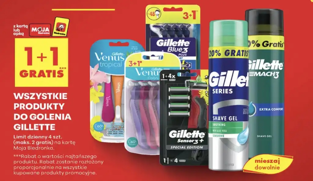 Wszystkie produkty do golenia Gillette 1+1 gratis - Biedronka