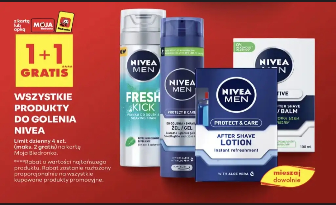 Wszystkie produkty do golenia Nivea 1+1 gratis - Biedronka