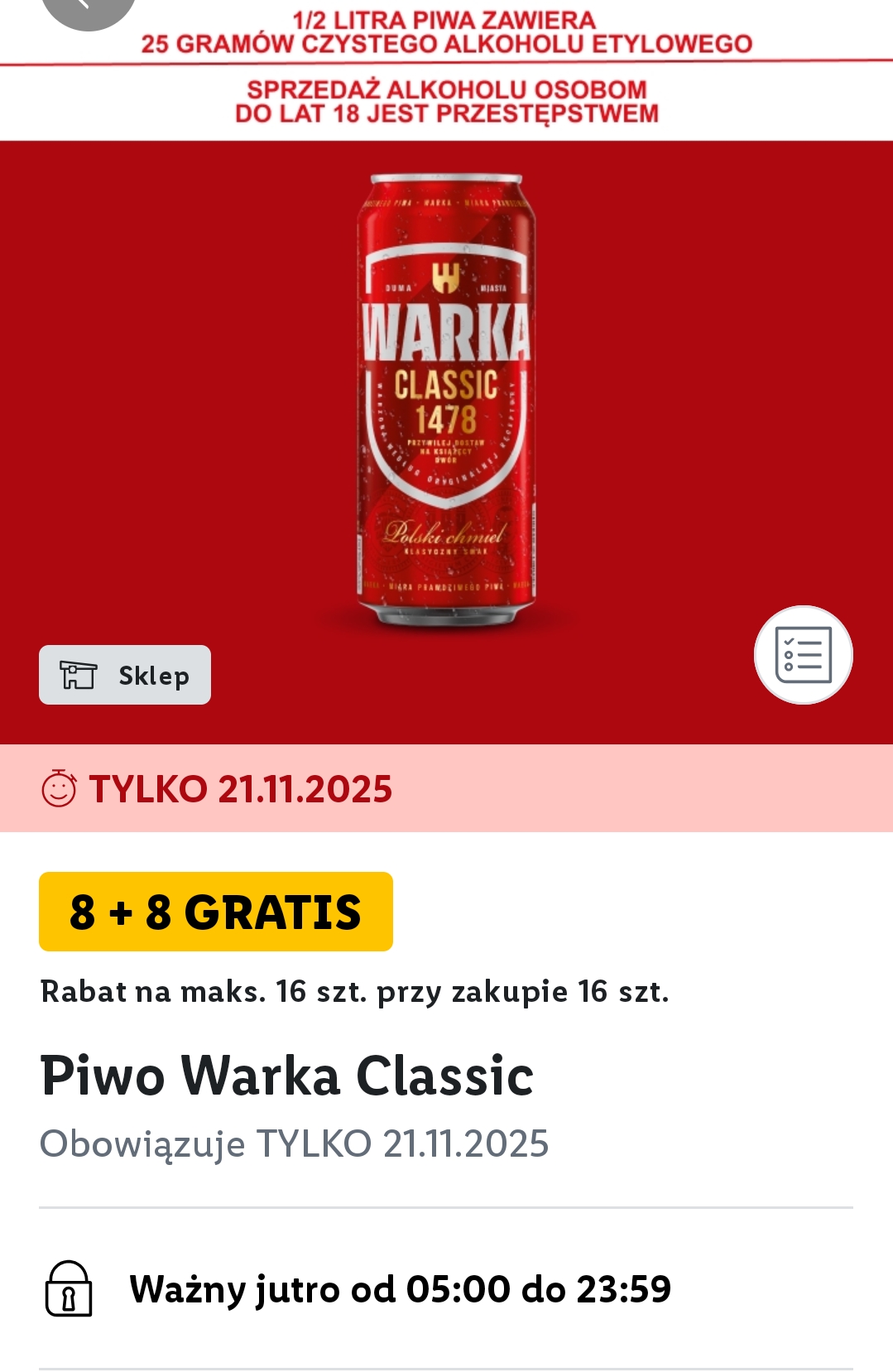 Piwo Warka Classic 8+8 Gratis @Lidl